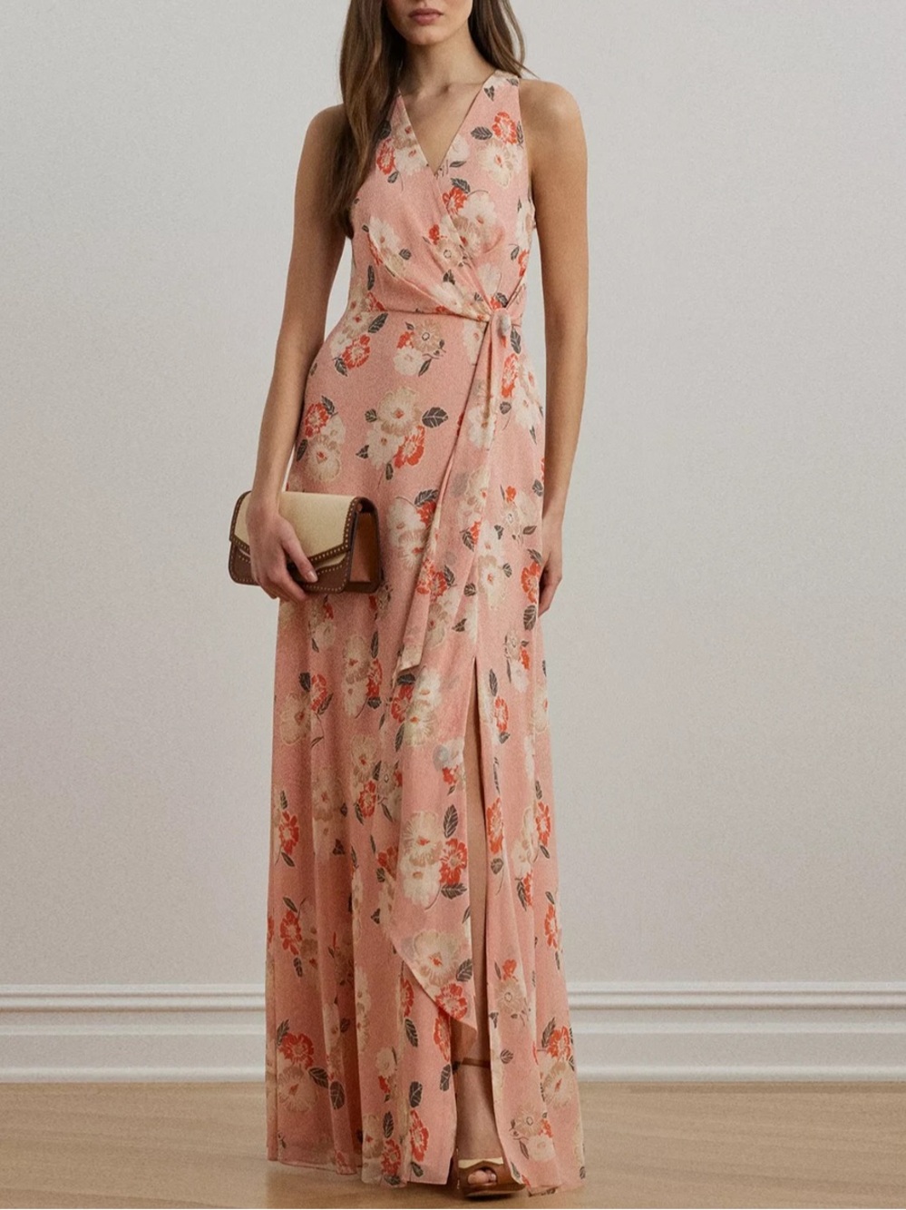 NWT Lauren Ralph Lauren Floral Ruffle-Trim Georgette Maxi Gown